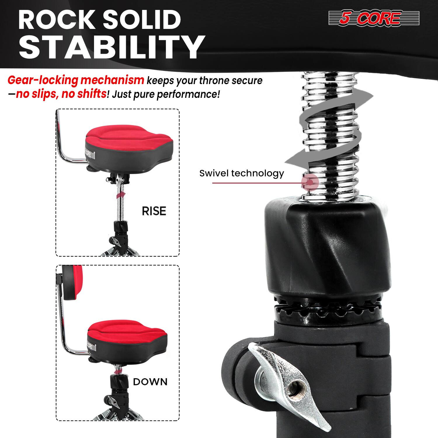 ROCK SOLID STABILITY

Gear-locking mechanism keeps your throne secure – no slips, no shifts! Just pure performance!

5 CORE

Swivel technology

RISE

DOWN
