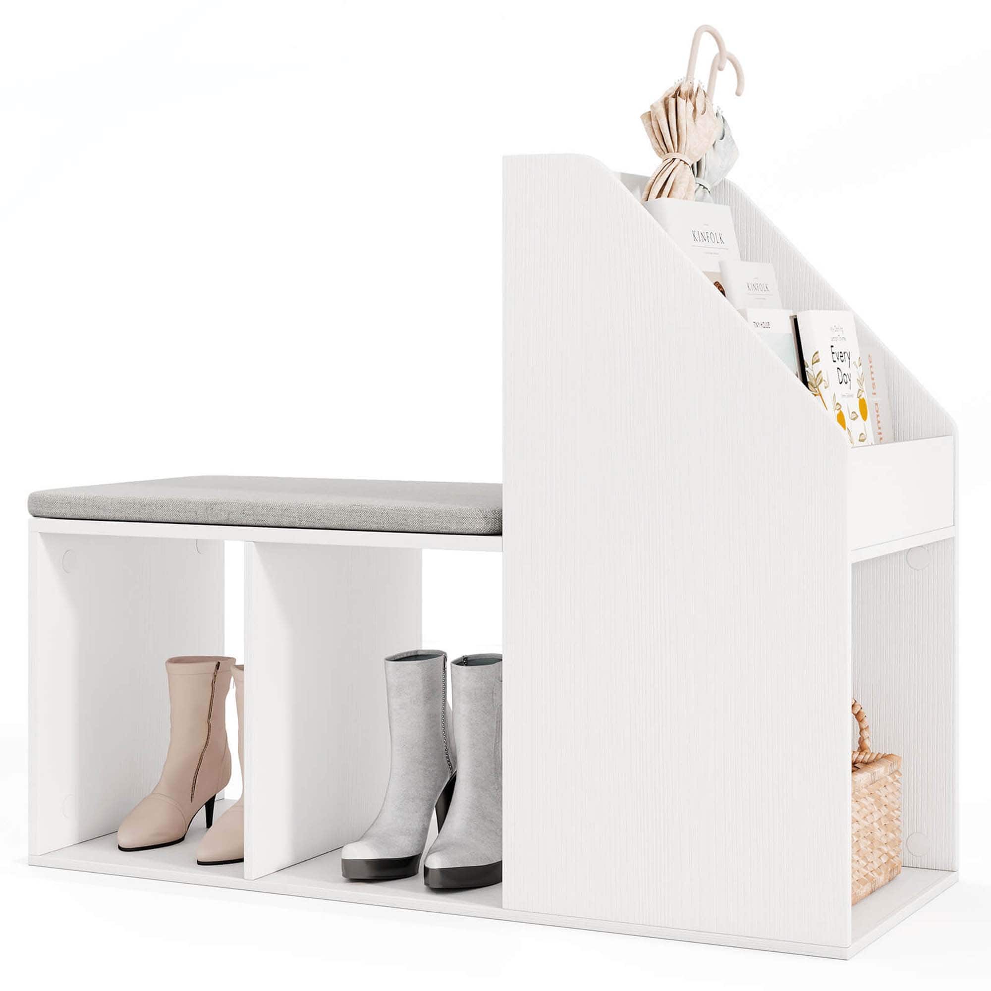 Costway - Shoe Storage Bench with Removable Seat Cushion 3 Side Storage Compartments - White