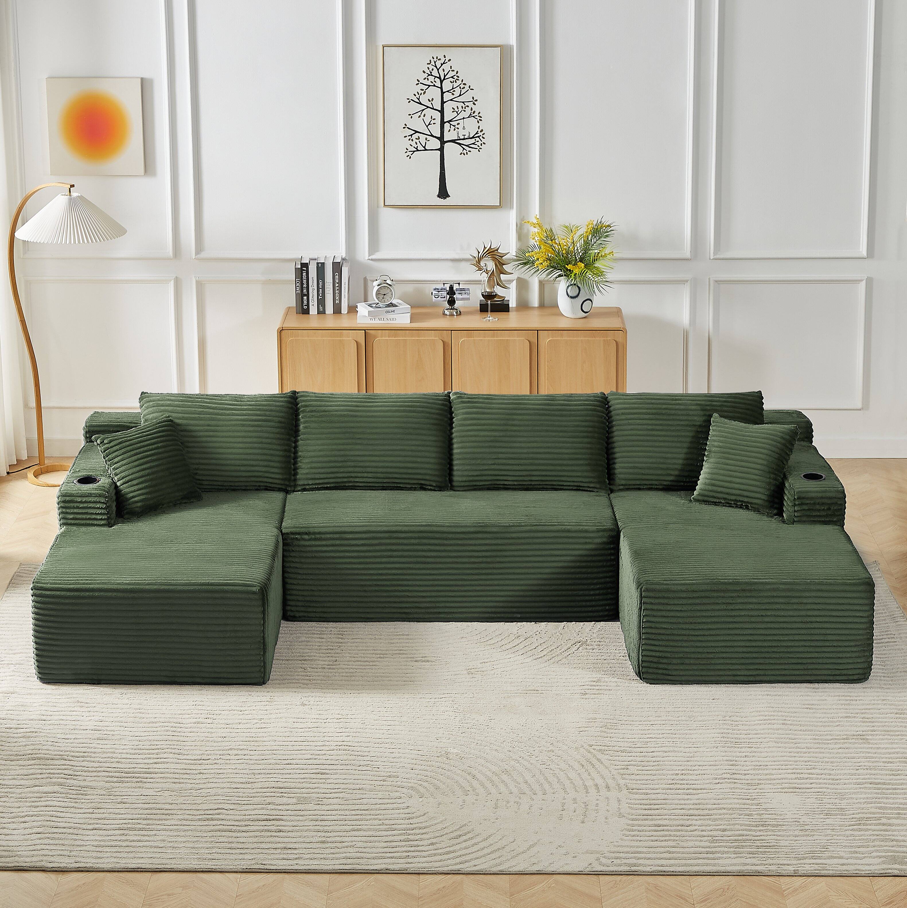 Back. Aukfa - U-Shaped Sectional Sofa Set - Minimalist Modular Design, Corduroy Cloud Couch for Living Room - Green.