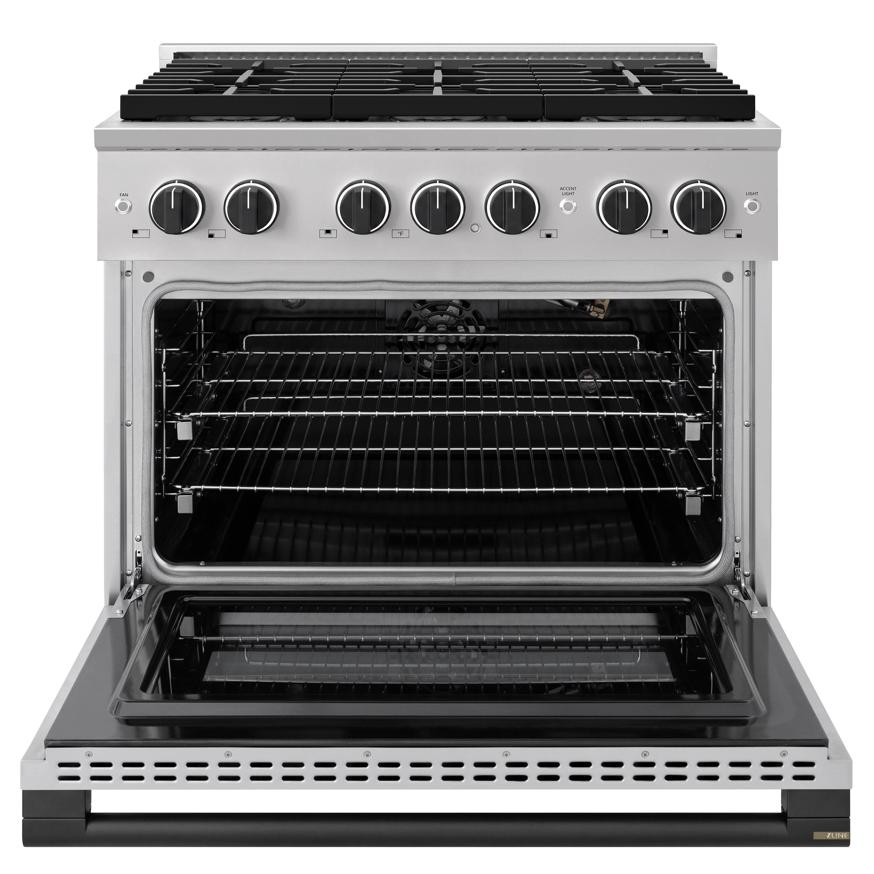 Angle. ZLINE - Autograph 36 in. 5.2 cu. ft. Manual Clean Marino Freestanding DuoPro Gas Range with Convection Oven & Black Accents - Stainless Steel.