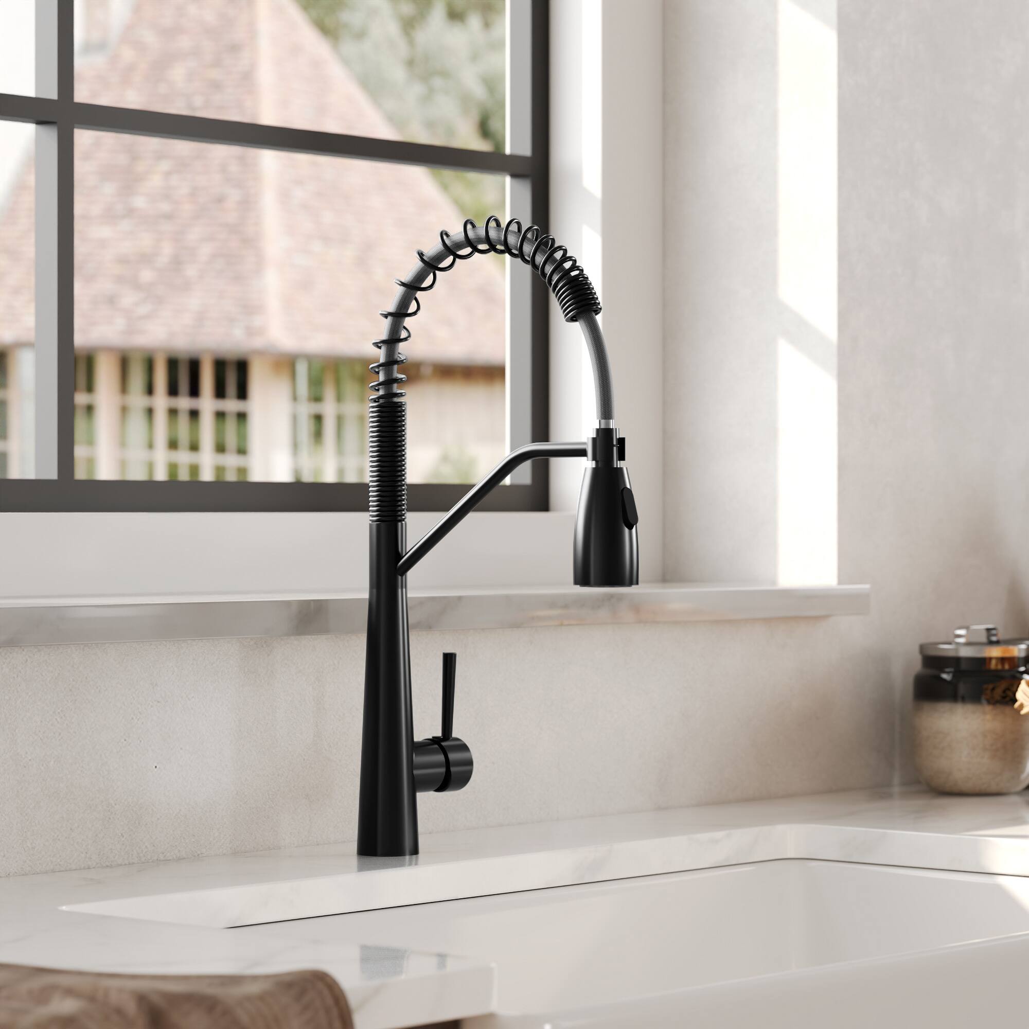Angle. GRANDJOY - Kitchen Faucet with Pull-Down Sprayer and Spring Spout for Modern Kitchen Renovation - Matte Black.
