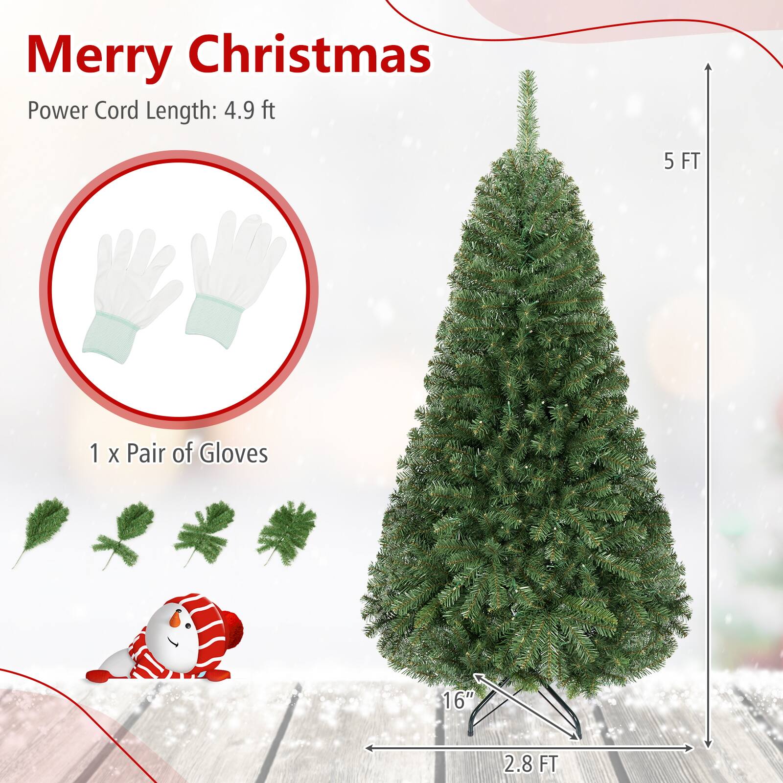 Merry Christmas  
Power Cord Length: 4.9 ft  
5 FT  
1 x Pair of Gloves  
16"  
2.8 FT