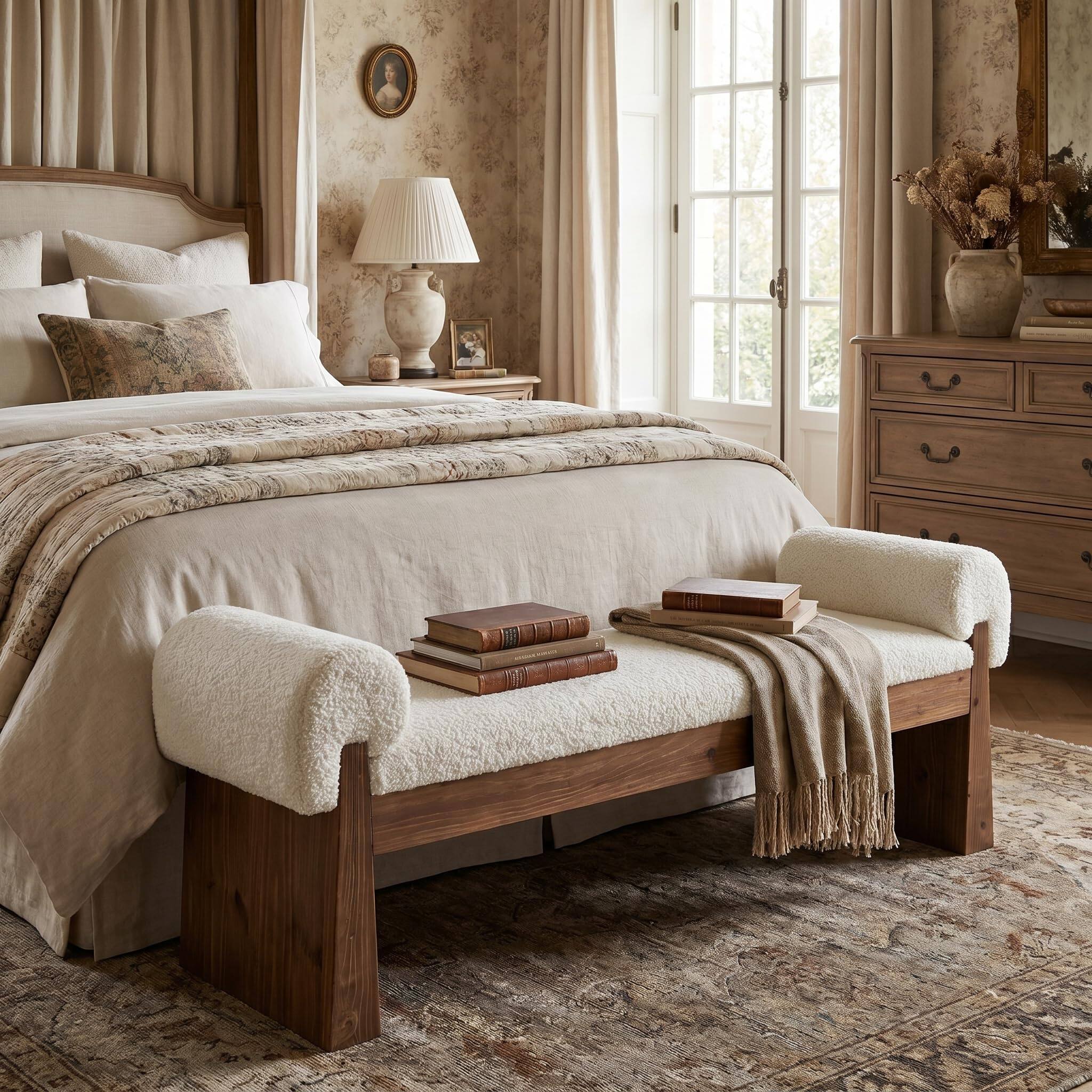 Alt View 2. Tribesigns - Solid Wood Upholstered Entryway Bench with Cushioned Seat - White + Walnut Brown.