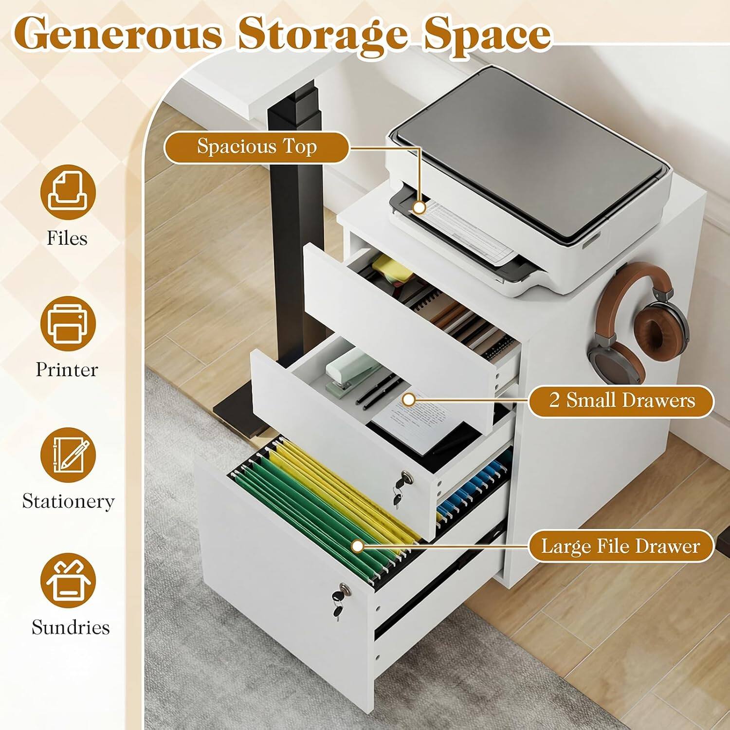 Generous Storage Space  
Spacious Top  
Files  
Printer  
Stationery  
Sundries  
2 Small Drawers  
Large File Drawer