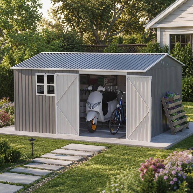 Angle. RYHNUYNE - 12x10 ft Storage Shed Galvanized Steel Lockable Doors Weatherproof Backyard Tools - Grey.