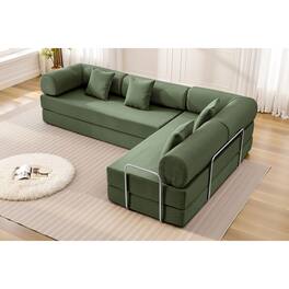 KERDOM - L-Shaped Corduroy Couch Chaise Lounge, 78'' Foldable Sofa Bed 2pcs Combined, Spliced Block Modular Sectional Sponge Sofa - Olive Green