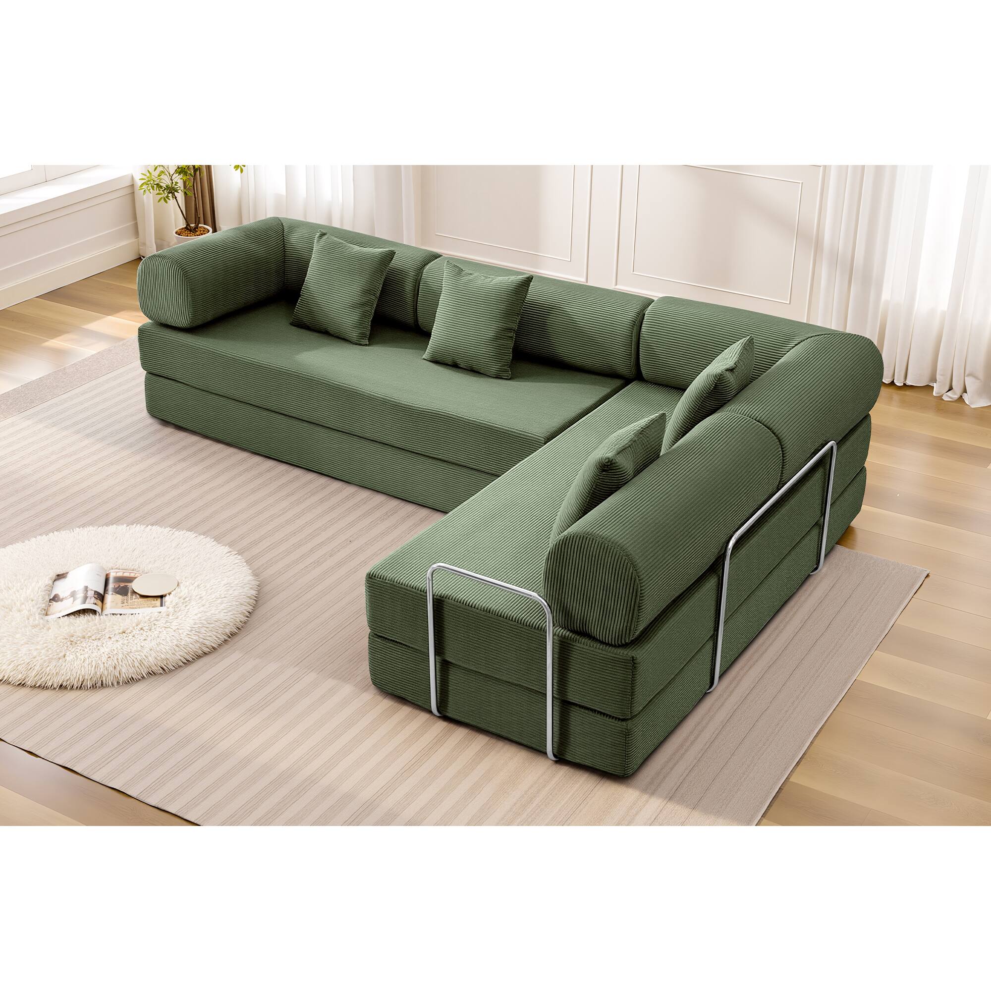 Front. KERDOM - L-Shaped Corduroy Couch Chaise Lounge, 78'' Foldable Sofa Bed 2pcs Combined, Spliced Block Modular Sectional Sponge Sofa - Olive Green.
