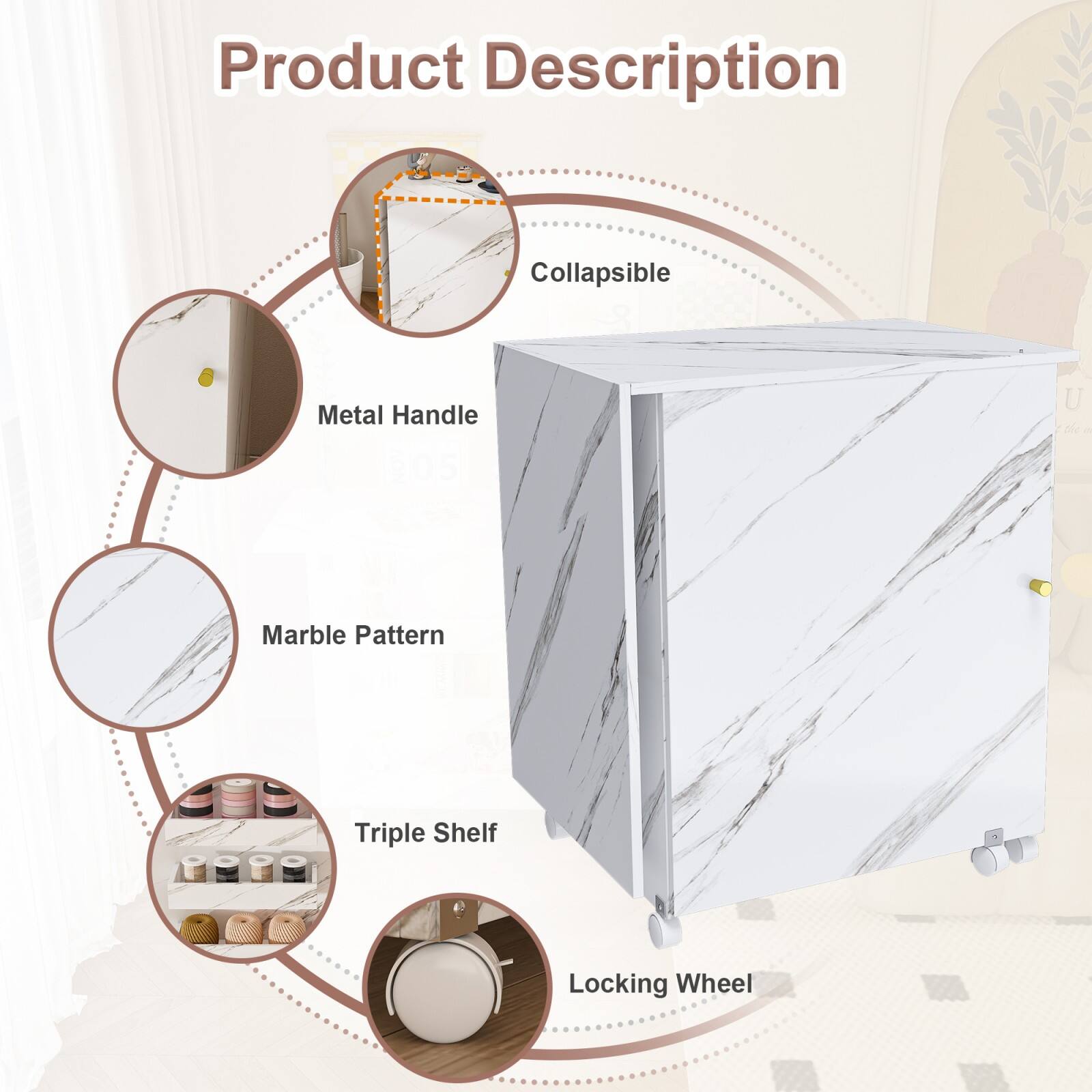 Product Description

- Collapsible
- Metal Handle
- Marble Pattern
- Triple Shelf
- Locking Wheel