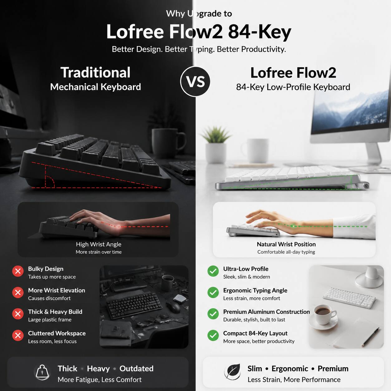 Why Upgrade to Lofree Flow2 84-Key: Better Design. Better Typing. Better Productivity.

Traditional Mechanical Keyboard vs Lofree Flow2 84-Key Low-Profile Keyboard

- High Wrist Angle: More strain over time
- Bulky Design: Takes up more space
- More Wrist Elevation: Causes discomfort
- Thick & Heavy Build: Large plastic frame
- Cluttered Workspace: Less room, less focus

Thick • Heavy • Outdated
More Fatigue, Less Comfort

- Natural Wrist Position: Comfortable all-day typing
- Ultra-Low Profile: Sleek, slim & modern
- Ergonomic Typing Angle: Less strain, more comfort
- Premium Aluminum Construction: Durable, stylish, built to last
- Compact 84-Key Layout: More space, better productivity

Slim • Ergonomic • Premium
Less Strain, More Performance
