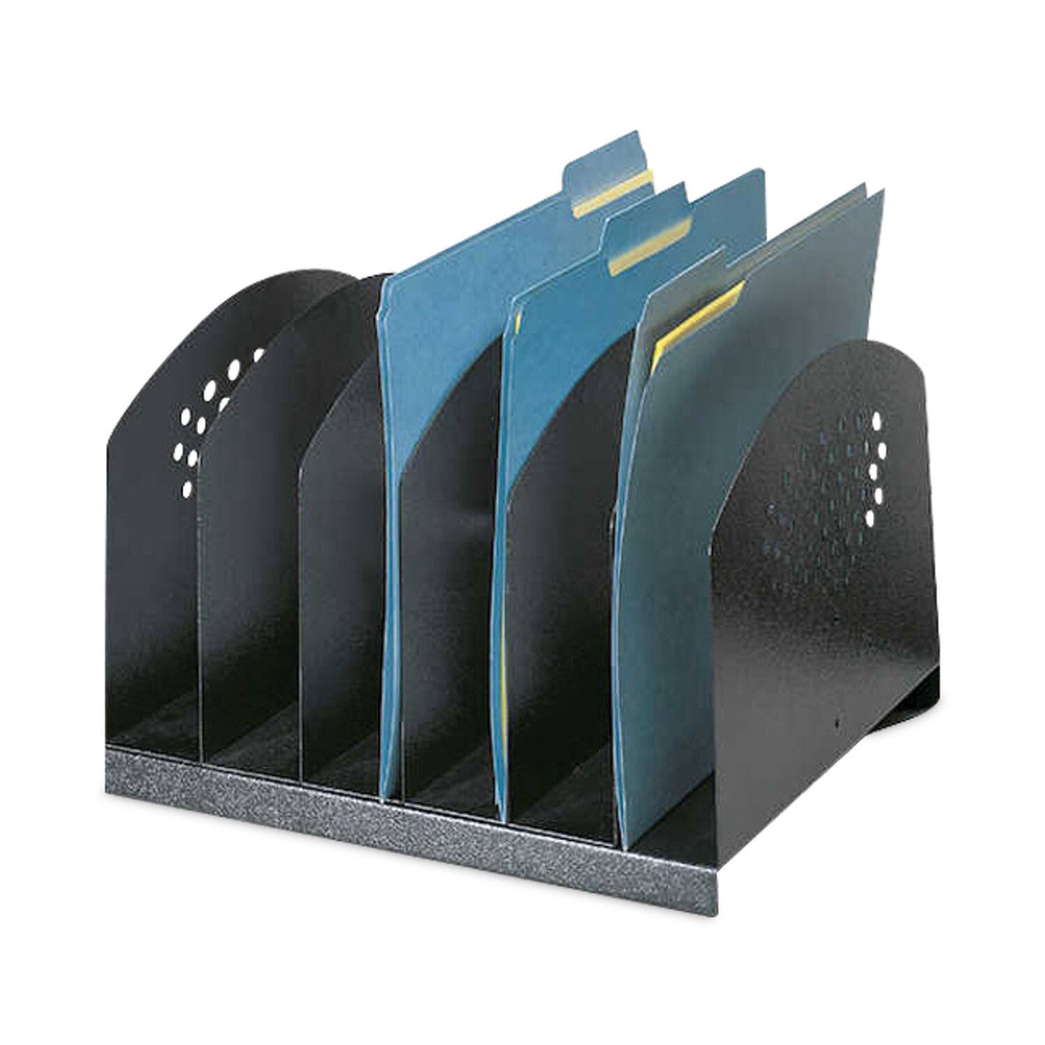 Angle. Safco - Safco Steel Vertical-Rack Desktop Sorter, Six Sections, Letter Size Files, 12.25" x 11.25" x 8", Black.