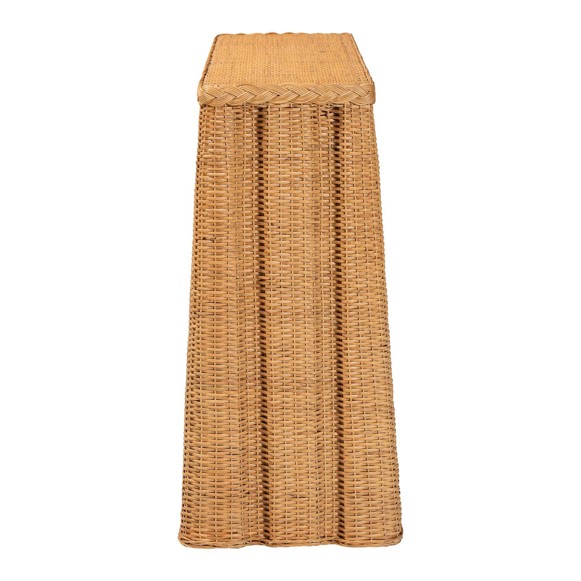 Left. bali & pari - Andrea Natural Rattan Console Table - Handwoven Wicker Accent Table with Pleated Skirt, Boho Coastal Decor - Light Honey.