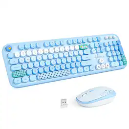 PRIMEPLUS - Wireless Keyboard Mouse Combo, 2.4GHz Retro Typewriter Style Full Keyboard with Number Pad & Mouse for Windows Mac - Lovely Blue