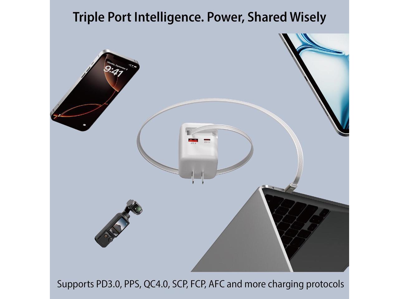 Triple Port Intelligence. Power, Shared Wisely

Supports PD3.0, PPS, QC4.0, SCP, FCP, AFC and more charging protocols
