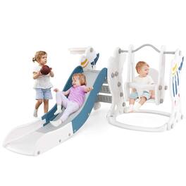 Costway - Toddler Slide and Swing Set 4-in-1 Indoor Playground with Extended Slide & Swing - Blue