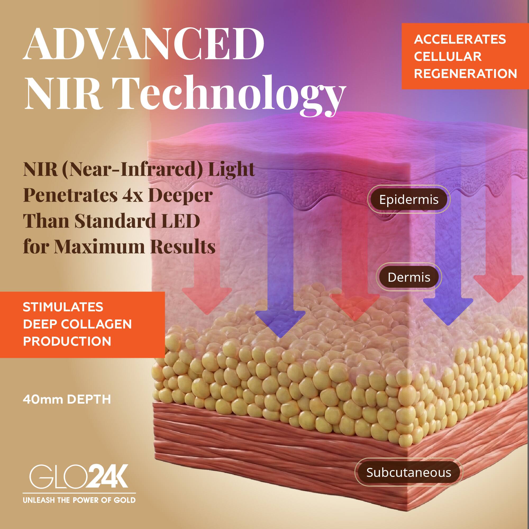ADVANCED NIR Technology

NIR (Near-Infrared) Light Penetrates 4x Deeper Than Standard LED for Maximum Results

ACCELERATES CELLULAR REGENERATION

STIMULATES DEEP COLLAGEN PRODUCTION

40mm DEPTH

Epidermis
Dermis
Subcutaneous

GLO24K
UNLEASH THE POWER OF GOLD