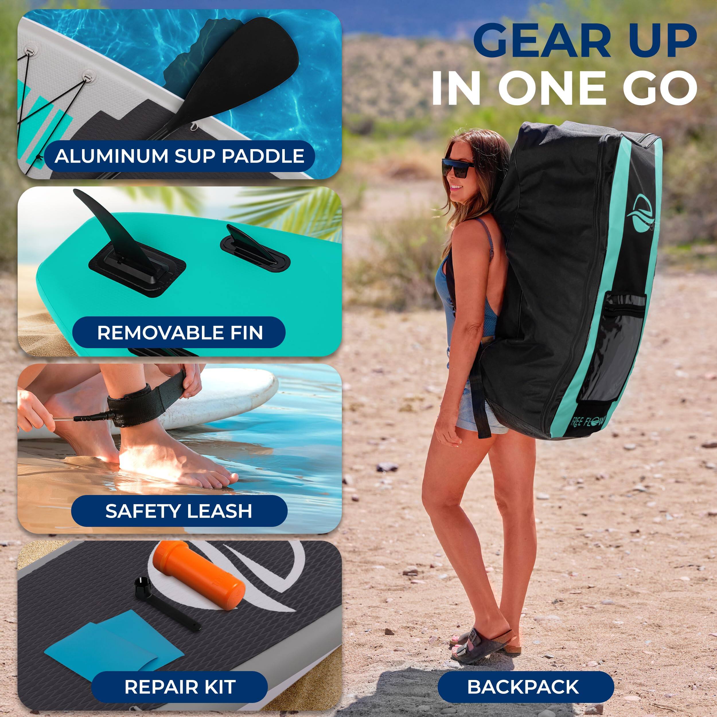 GEAR UP IN ONE GO

- ALUMINUM SUP PADDLE
- REMOVABLE FIN
- SAFETY LEASH
- REPAIR KIT
- BACKPACK