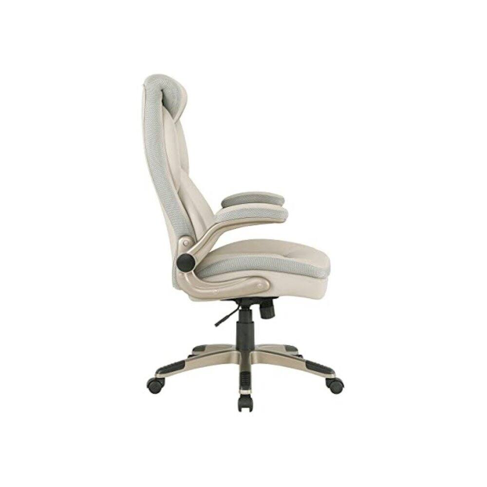 Left. FurniFact - Taupe Bonded Leather Executive Chair With Cocoa Coated Base and Wheels - Taupe / Cocoa.
