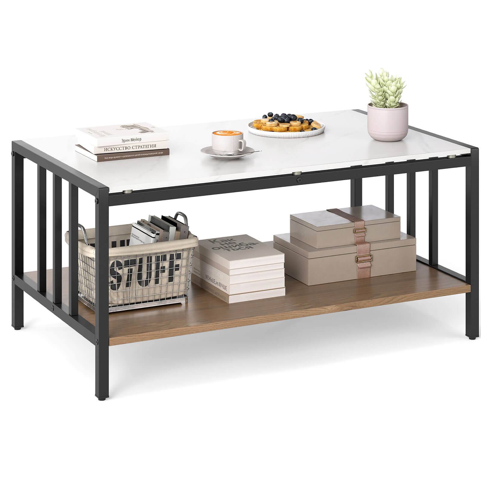 Alt View 9. Costway - Costway 2-Tier Rectangular Coffee Table with Rock Slab Tabletop Open Shelf for Living Room - White.