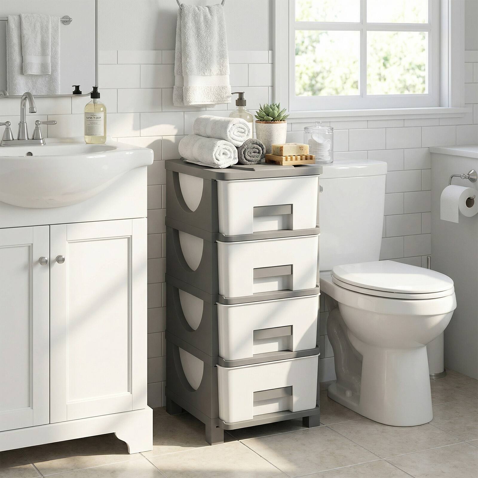 Alt View 5. Costway - Costway 1 PCS 4-Drawer Storage File Cabinet, Plastic Storage Organizer with Handles for Bedroom - White + Gray.