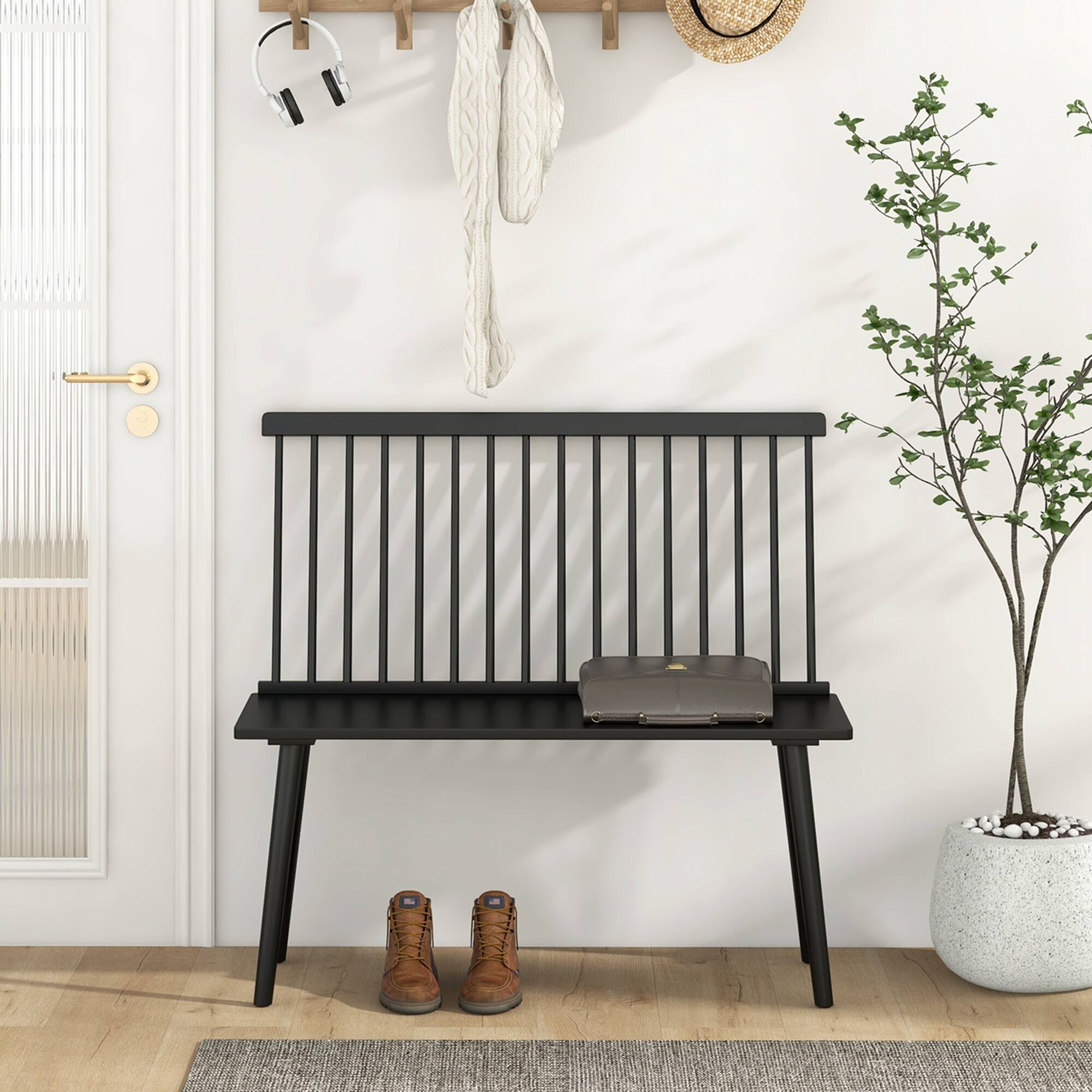 Alt View 11. Costway - Entryway Bench for 2 Windsor Rubber Wood Dining Bench with Spindle Back Black - Black.