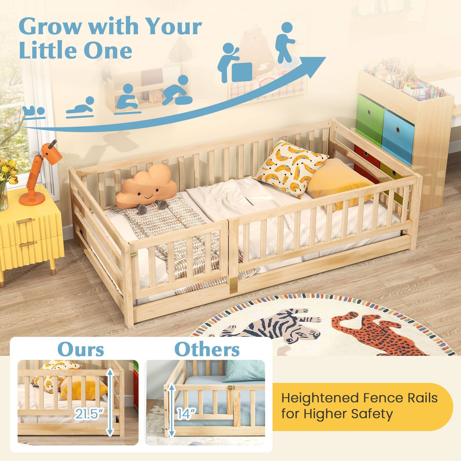 Grow with Your Little One, Heightened Fence Rails for Higher Safety, Ours 21.5", Others 14"