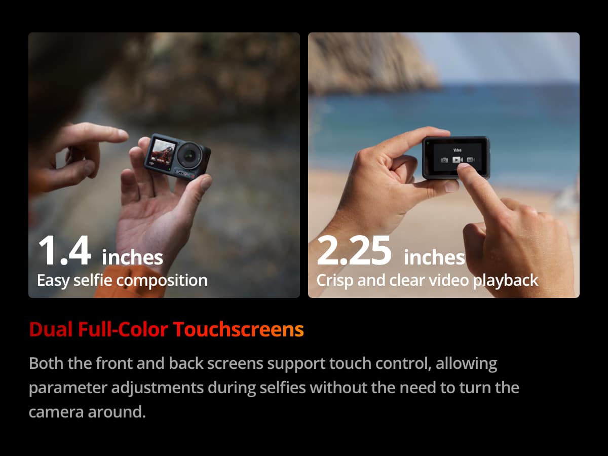 The image shows a comparison of two cell phones, one with a 1.4-inch screen and the other with a 2.25-inch screen. The larger screen is described as having "crisp and clear video playback," while the smaller screen is described as having "easy selfie composition." Both screens support touch control, allowing for adjustments during selfies without having to turn the camera around. The image also mentions that the larger screen is 3 inches, which is incorrect.