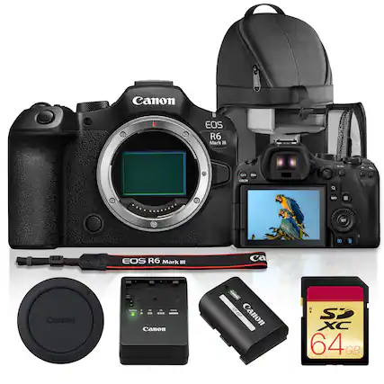 Canon EOS R6 Mark III Camera Kit
Includes:
- Canon EOS R6 Mark III Camera
- Canon LP-E16 Battery
- Canon 64GB SDXC Card
- Canon Lens Hood
- Camera Strap
- Camera Bag