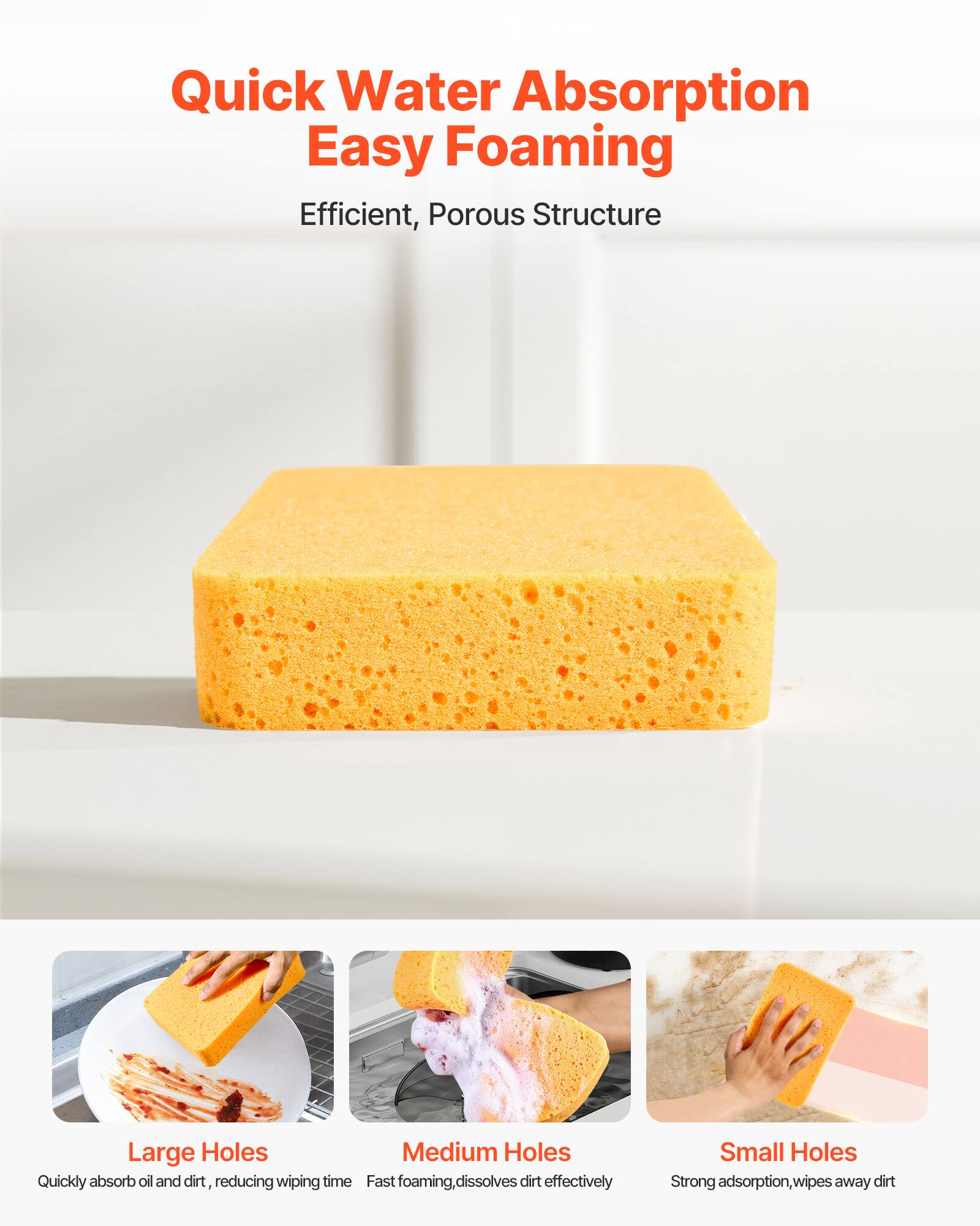 Quick Water Absorption, Easy Foaming, Efficient, Porous Structure

Large Holes: Quickly absorb oil and dirt, reducing wiping time
Medium Holes: Fast foaming, dissolve dirt effectively
Small Holes: Strong adsorption, wipes away dirt