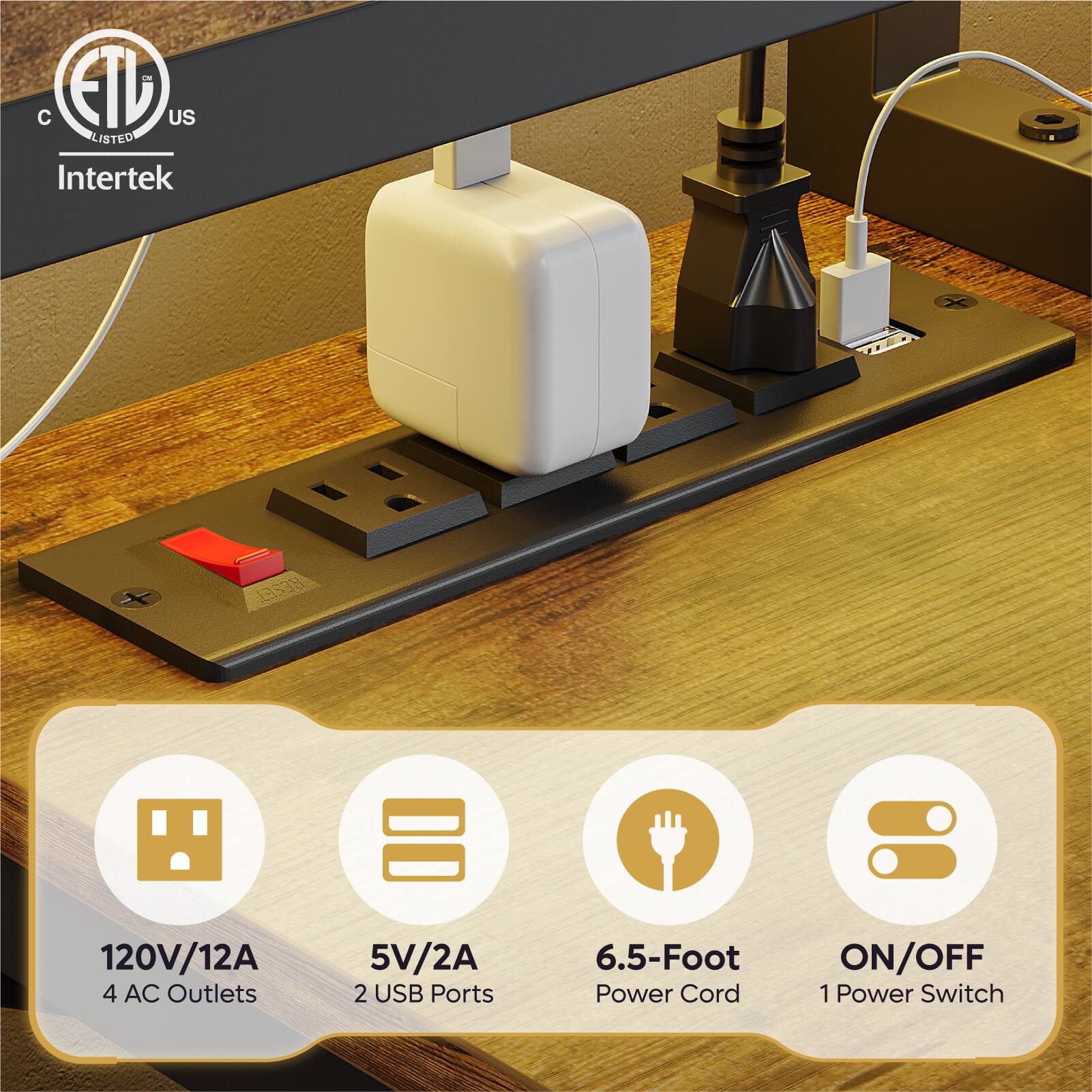 The text on the image is grouped and corrected as follows:
"Intertek listed 120V/12A 4 AC outlets 5V/2A 2 USB ports 6.5-foot power cord ON/OFF 1 power switch."