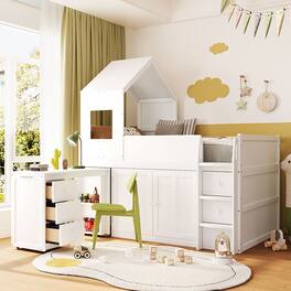 Whisen - Twin Size Wooden Loft Bed with Pull-Out Desk and Cabinets for Kids Bedroom and Study - White