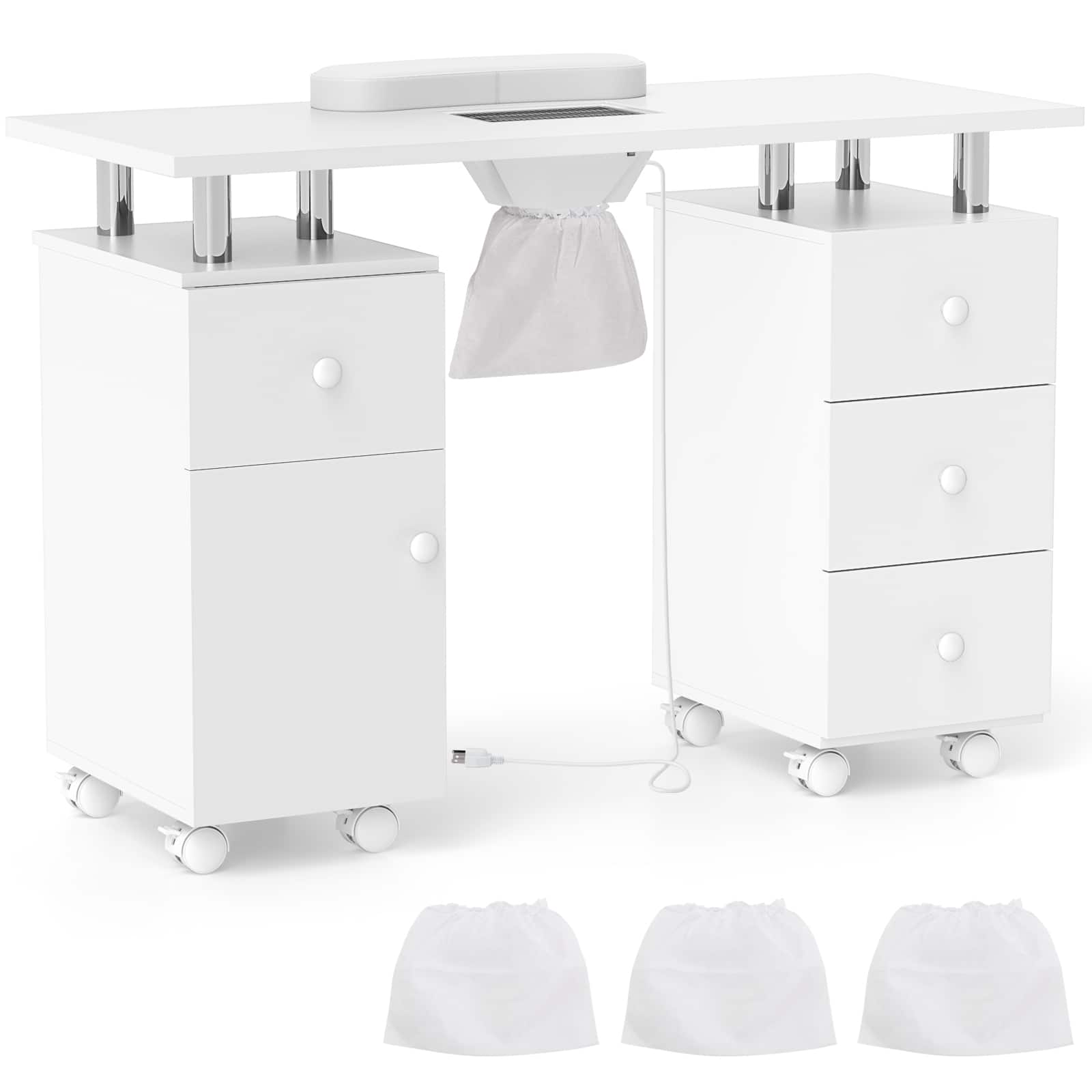 Costway - Rolling Manicure Table Nail Desk with with 8 Lockable Wheels & Electric Dust Collector 3 Dust Bags Wrist Rest - White