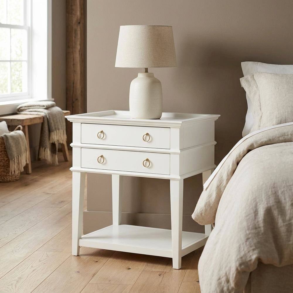 Left. FurniFact - White Wooden Nightstand with 2 Drawers and Tray Top for Bedroom Decor - White.
