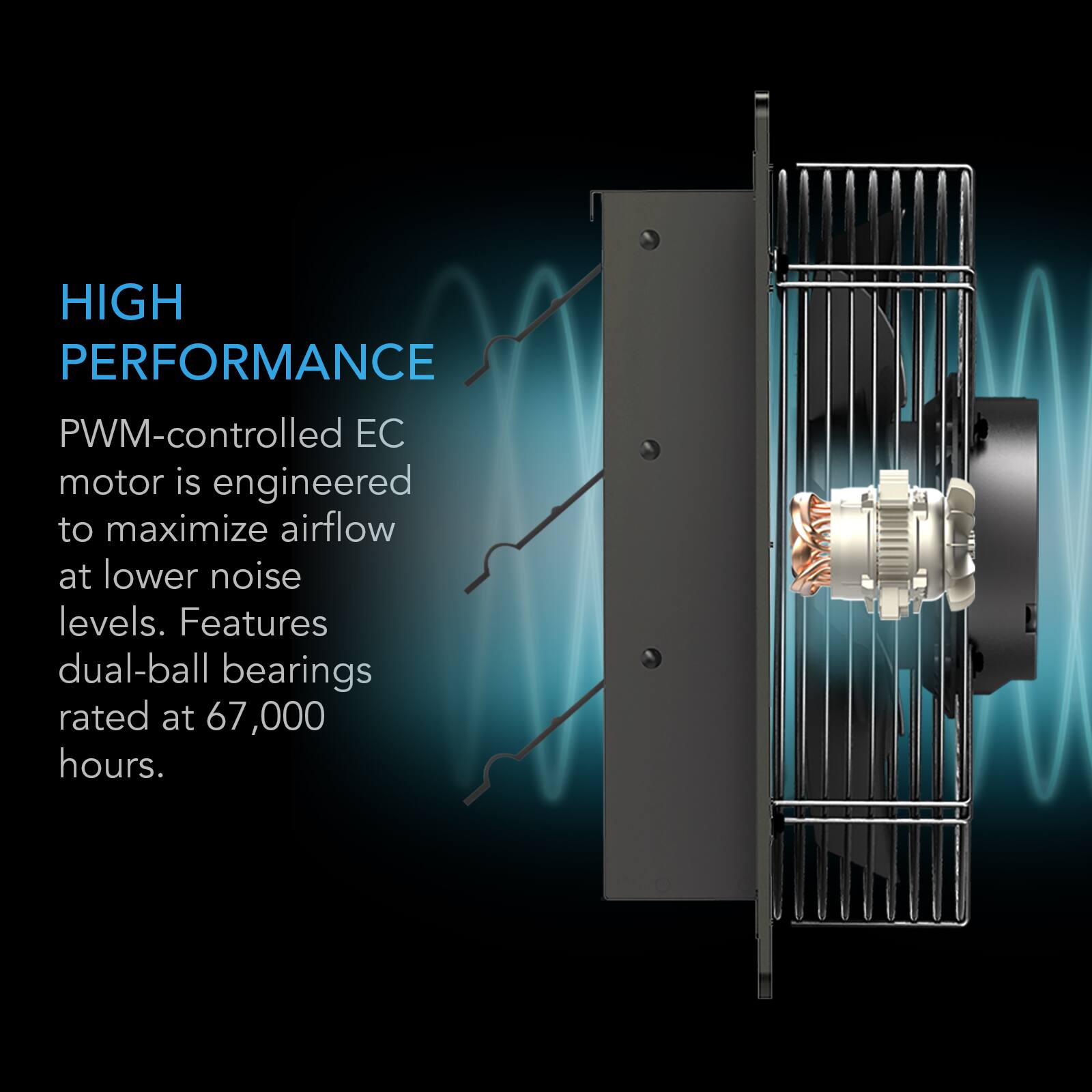 HIGH PERFORMANCE  
PWM-controlled EC motor is engineered to maximize airflow at lower noise levels. Features dual-ball bearings rated at 67,000 hours.
