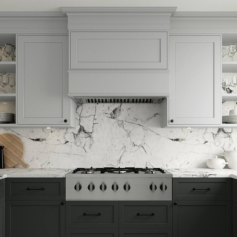 Left. Streamline - 34 in. Genoa Convertible 350 CFM Range Hood, Baffle Filters, Electronic Button Control, LED Light - Brushed Stainless Steel.