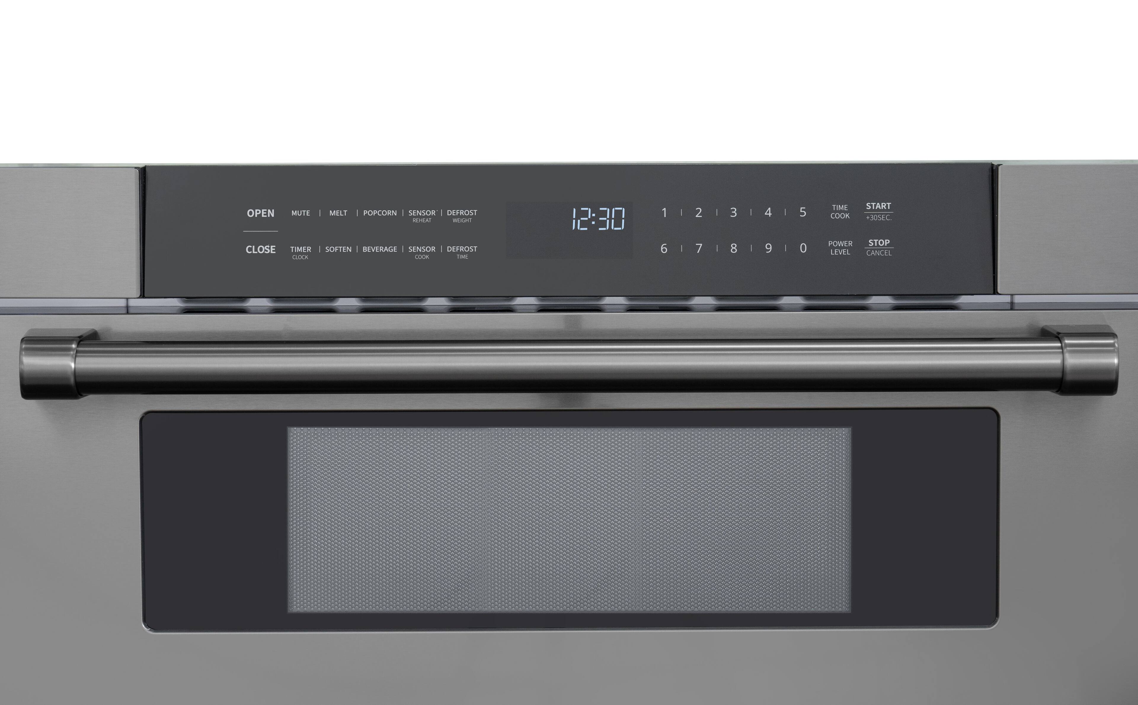 OPEN MUTE MELT POPCORN SENSOR DEFROST WEIGHT CLOSE TIMER | SOFTEN | BEVERAGE SENSOR DEFROST TIME COOK TIME 12:30 1 6 | | 2 7 | 3 8 | | 4 9 | | 5 0 TIME START COOK 30SEC POWER STOP LEVEL CANCEL