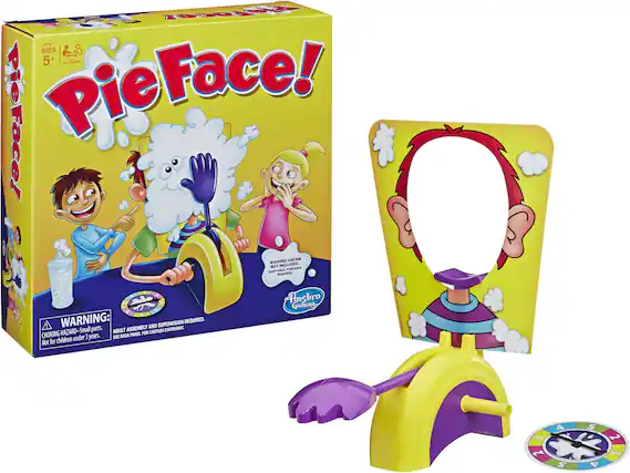 Pie Face! Pie Face! WHIPPED CREAM REQUIRED. ADDITIONAL PURCHASE: INCLUDED. Hasbro Gaming WARNING: CHOKING HAZARD-Small parts. ADULT ASSEMBLY AND SUPERVISION REQUIRED. Not for children under 3 years. SEE BACK PANEL FOR CAUTION STATEMENT.