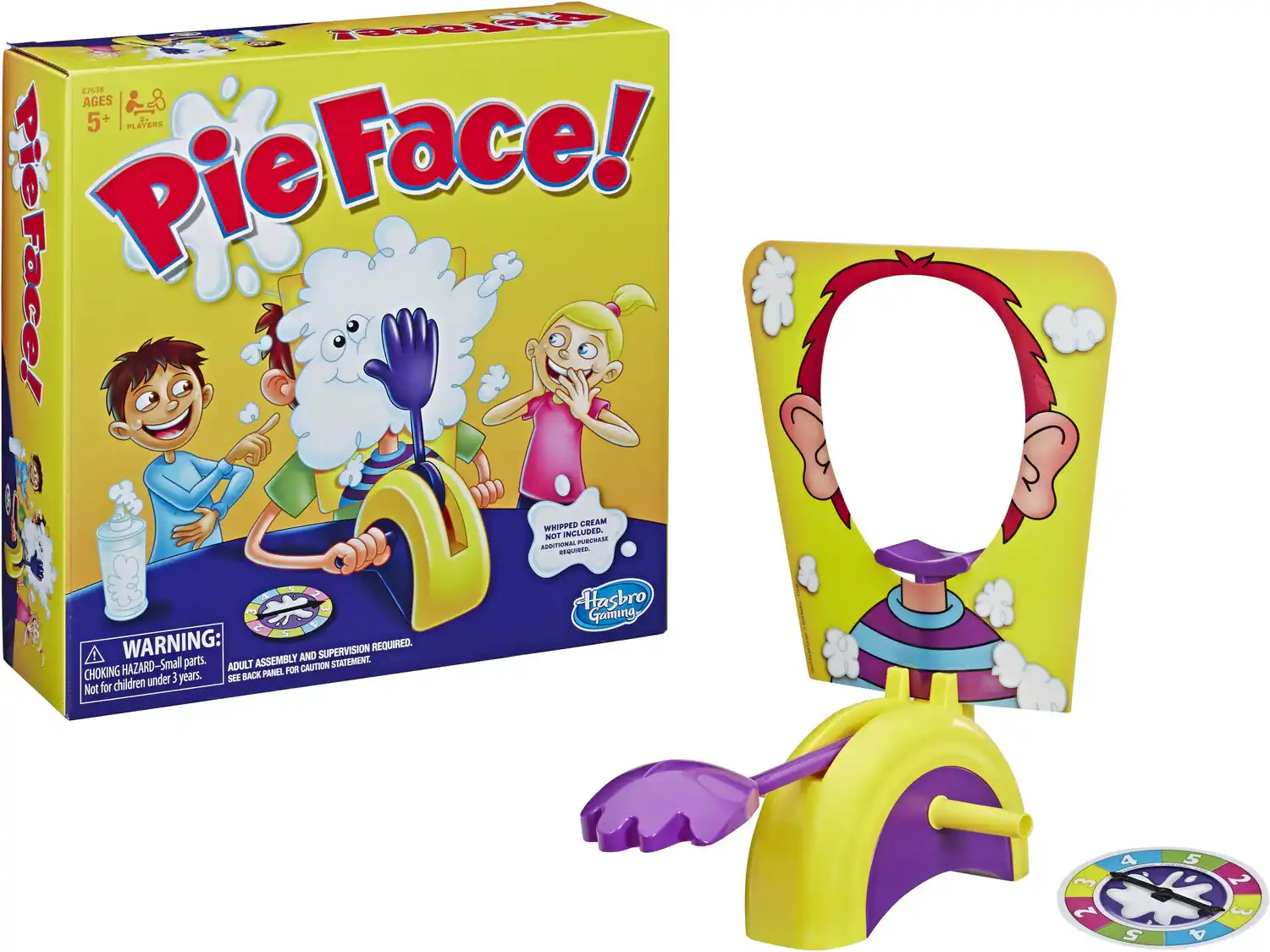 Pie Face! Pie Face! WHIPPED CREAM REQUIRED. ADDITIONAL PURCHASE: INCLUDED. Hasbro Gaming WARNING: CHOKING HAZARD-Small parts. ADULT ASSEMBLY AND SUPERVISION REQUIRED. Not for children under 3 years. SEE BACK PANEL FOR CAUTION STATEMENT.