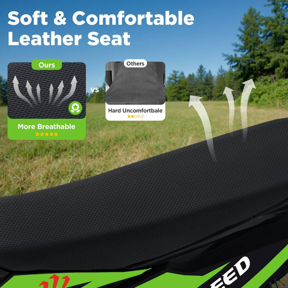 Soft & Comfortable Leather Seat  
Ours vs Others  
Hard Uncomfortable  
More Breathable