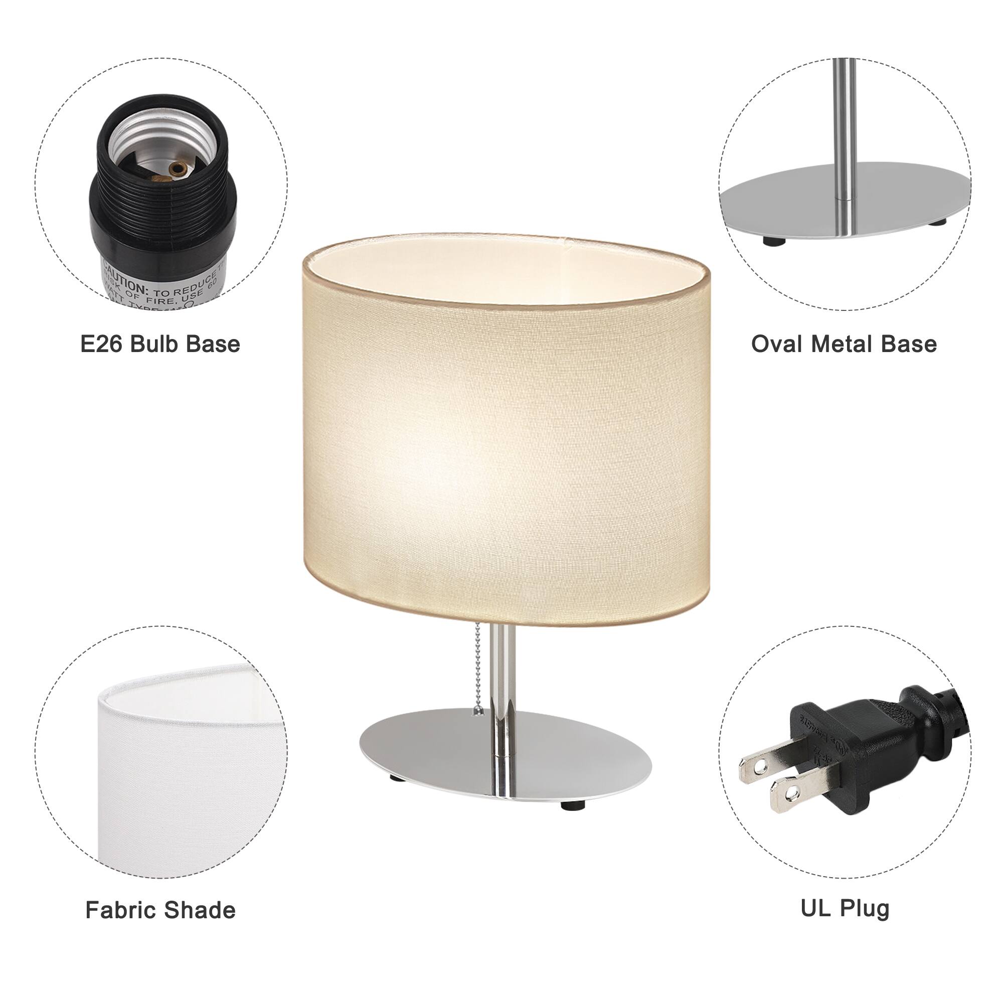 E26 Bulb Base  
Oval Metal Base  
Fabric Shade  
UL Plug  

CAUTION: TO REDUCE RISK OF FIRE, USE ONLY LAMPS LISTED FOR LUMINAIRE.