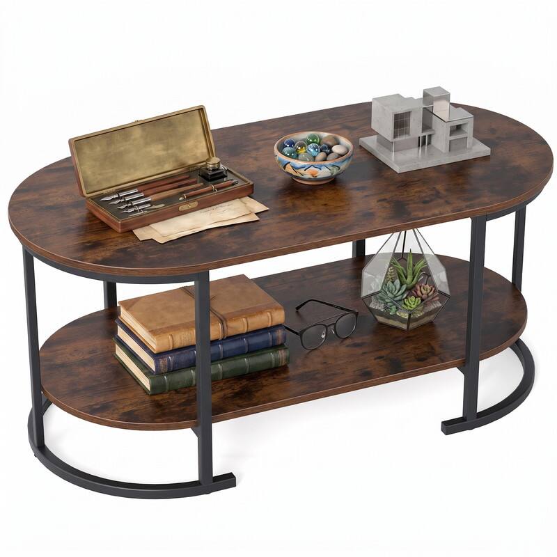 Left. WELLFOR - 39.7" 2-Tier Oval Coffee Table, Industrial Wood Accent Table with Storage Shelf for Living Rooms, Apartments - Rustic Brown.