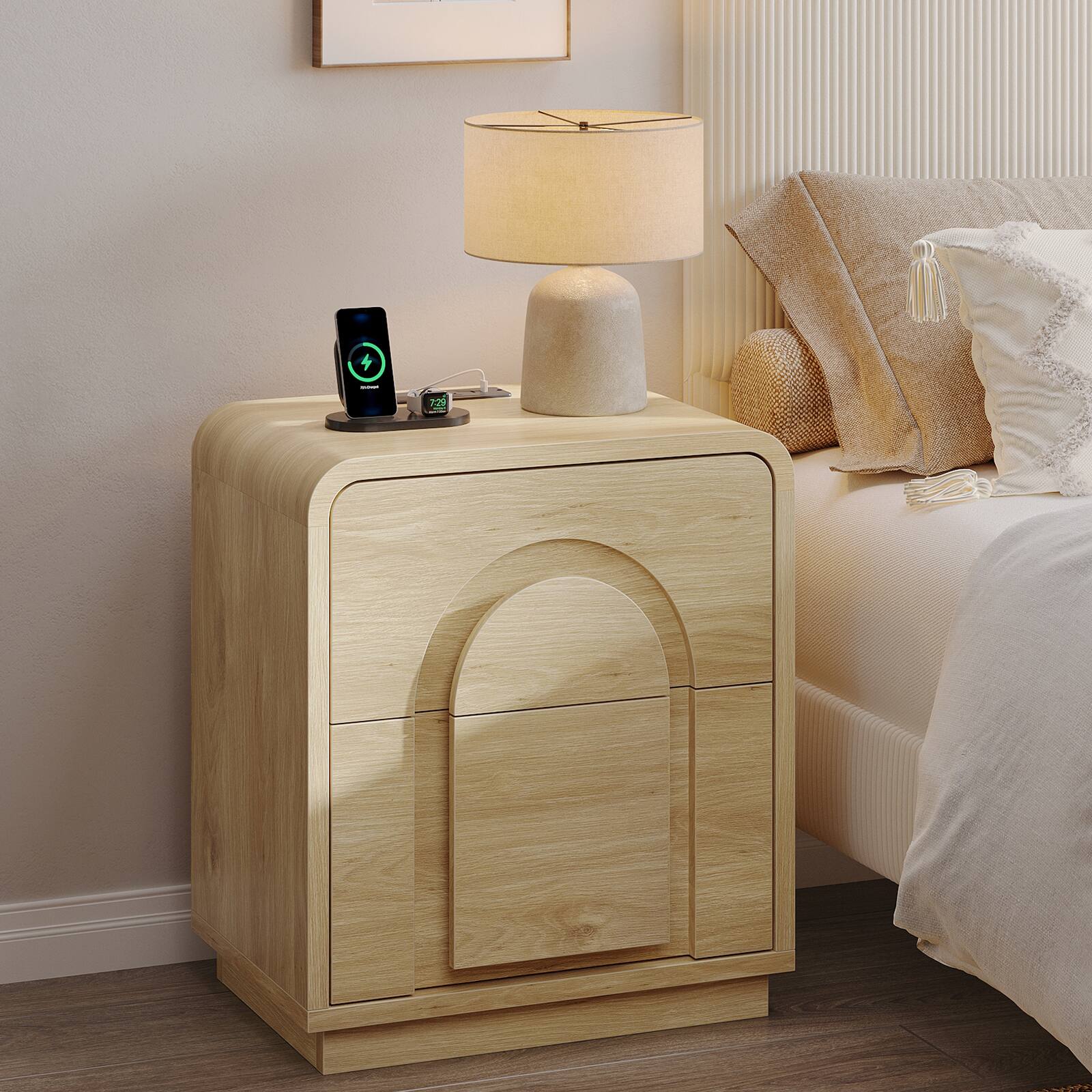Angle. Bestier - Nightstand with 2 Drawers, Charging Station & Arched Design, Embossed Bedroom End Table for Bedroom - Set of 2-Natural Oak.