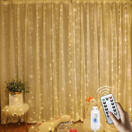 MOSZAR LLC - 300 LED Curtain String Lights, 9.8×9.8ft with Remote, Timer & 8 Modes, Warm White