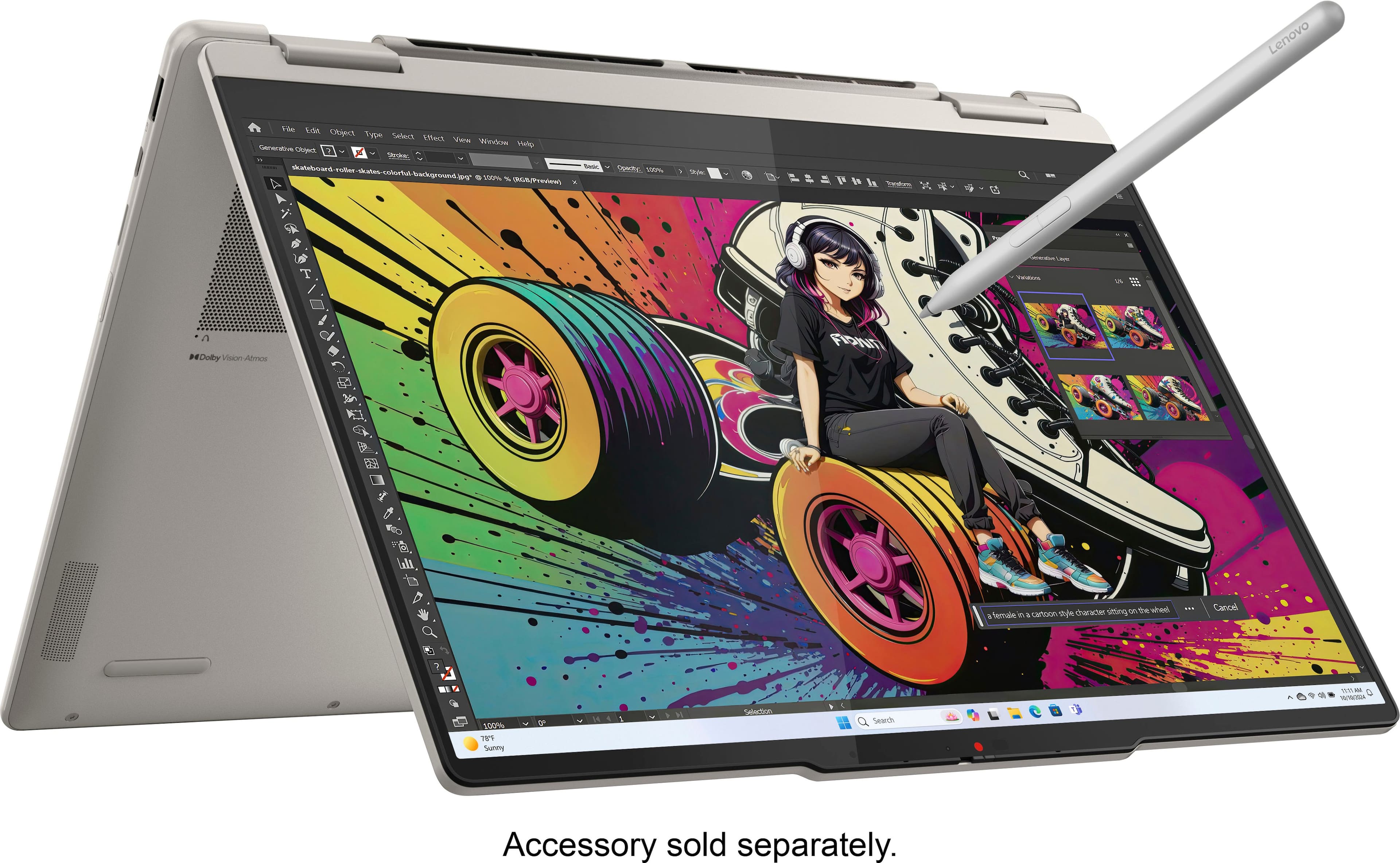 Lenovo ThinkPad laptop with a colorful cartoon character sitting on a wheel as the background. The laptop is white and has a stylus attached to it. The image is advertising the laptop and its accessories, which are sold separately.