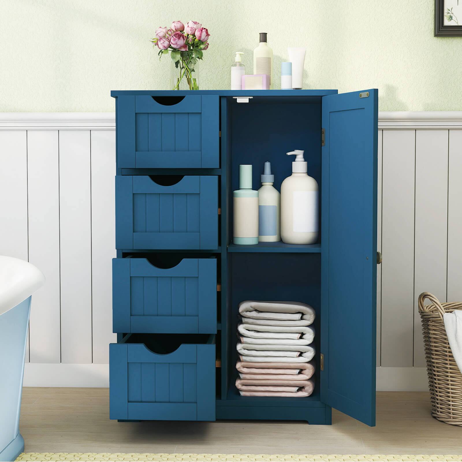 Alt View 1. Costway - Costway Wooden 4 Drawer Free Standing Bathroom Floor Cabinet Storage Cupboard Adjustable - Blue.