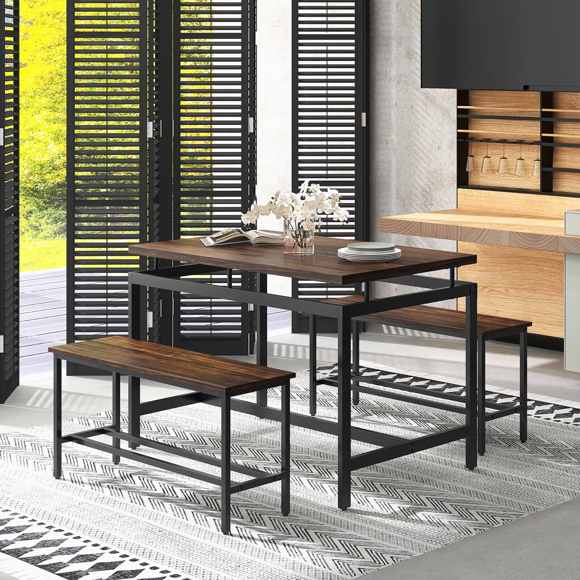 Alt View 3. Gymax - Gymax 3 PCS Dining Table Set for 4 w/ 43" Wooden Kitchen Table 2 Benches Metal Frame - Brown, Black.