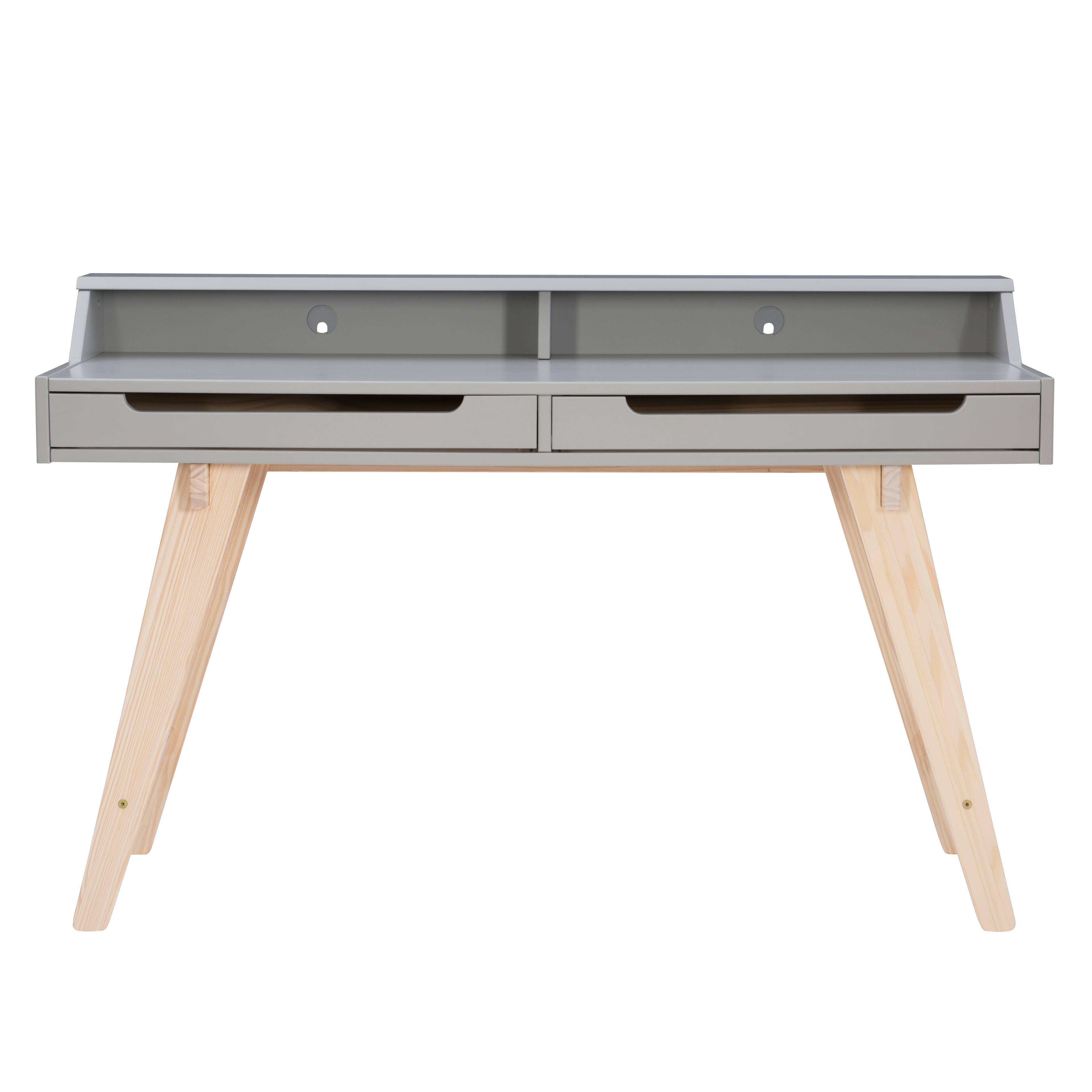Angle. Linon Home Décor - Stanley Two-Drawer Desk With Hutch Shelf - Natural & Gray.