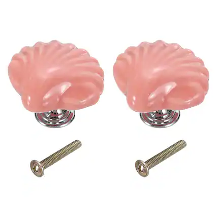 Front. Unique Bargains - 2pcs Shell Ceramic Cabinet Knobs, Decorative Drawer Pulls w/ Screws for Cupboards - Orange Pink.