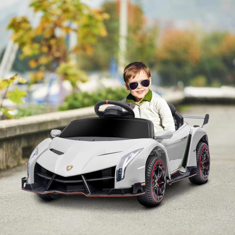 Angle. BreeBe - Aosom Lamborghini Veneno Kids Electric Car 12V with Bluetooth, Remote, Suspension, Lights, Horn, Songs - White.