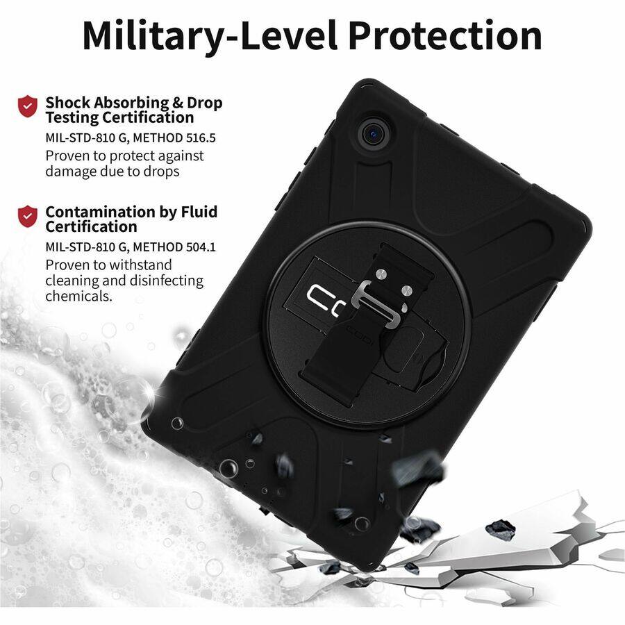 Military-Level Protection

- Shock Absorbing & Drop Testing Certification  
  MIL-STD-810 G, METHOD 516.5  
  Proven to protect against damage due to drops

- Contamination by Fluid Certification  
  MIL-STD-810 G, METHOD 504.1  
  Proven to withstand cleaning and disinfecting chemicals.
