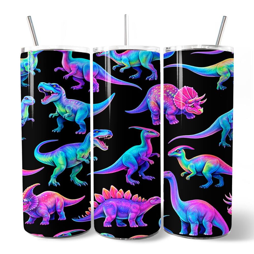Front. OrnamentallyYou - Neon Dinosaur Pattern 20oz Tumbler With Lid and Stainless Steel Straw, Colorful Prehistoric Gift Cup - Multicolored.
